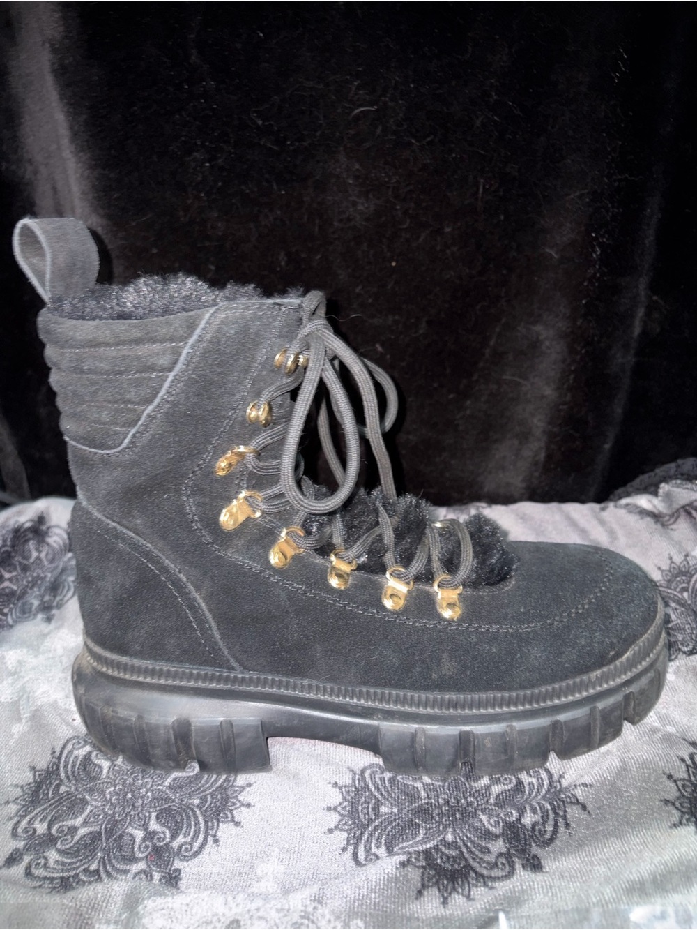 Donna Karan Black Suede Lace-Up Platform Combat Boot with Gold Eyelets